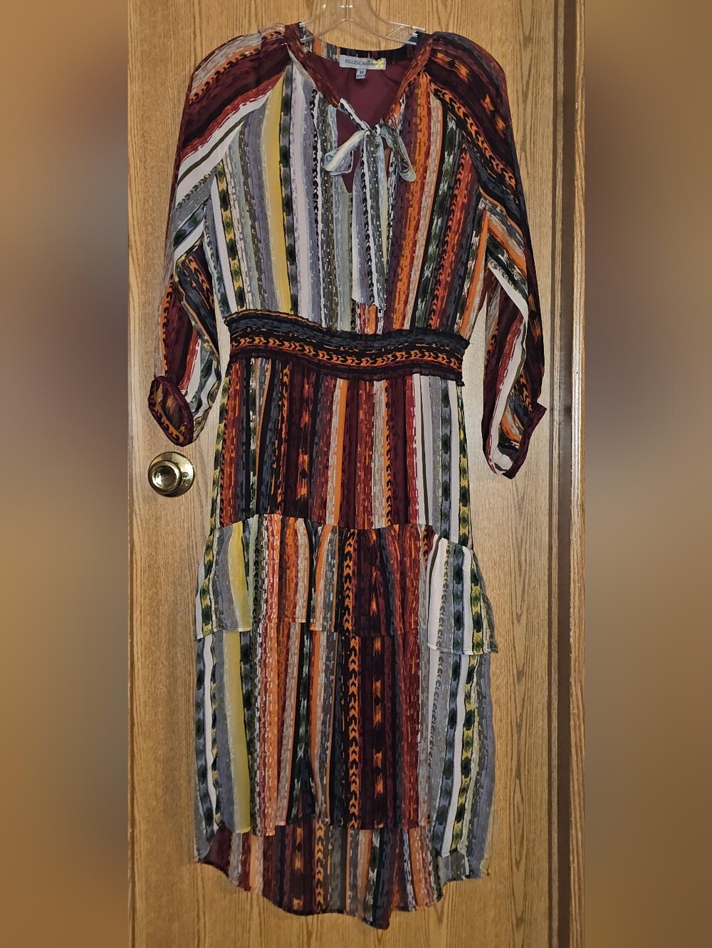 Boho Striped Tie-Neck Midi Dress in Rust Multicolor - Unknown Brand